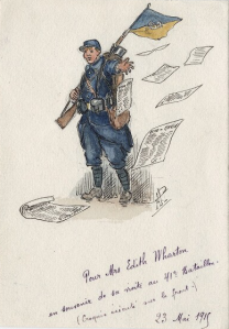 Dibujo hecho por los soldados del 41 Regimiento de Chasseurs à pied, en recuerdo de la visita de Edith Wharton (1915)